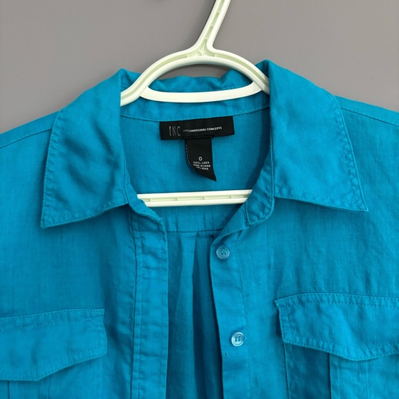 INC International Concepts Size 0 Blue Linen Long Sleeve Button Down - Picture 10 of 13